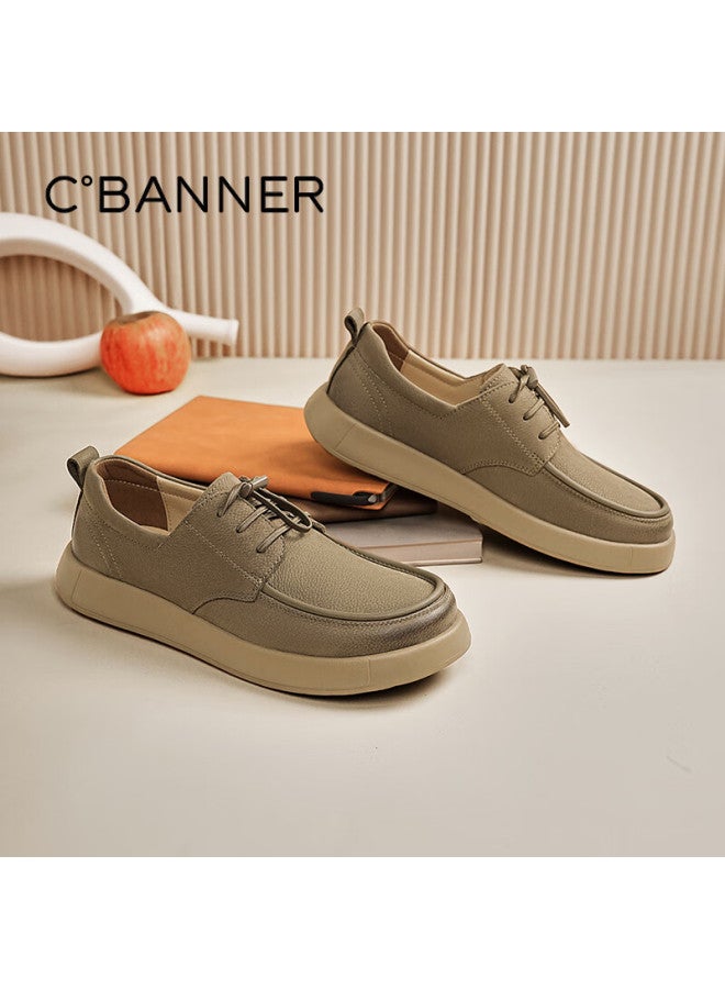 C.BANNER Qianbudu Men's Casual Leather Shoes 26 New Lightweight Soft Sole Commuter Loafers Khaki Size 38 - Image 1