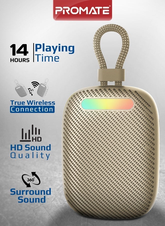 Promate Tingz CrystalSound Wireless Bluetooth 5.4 Speaker, 7W Loud Stereo Sound, RGB Light Modes, Waterproof IPX6, TWS Dual Pairing, TF/USB/AUX/FM, Built-in Mic, 1800mAh Battery, 10M Range Titanium - Image 1