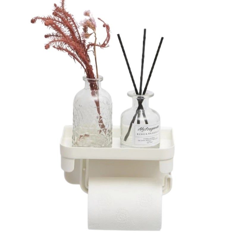 Self Adhesive Wall-Mounted Classic Plastic Toilet Paper Holder With Attached Shelf- White