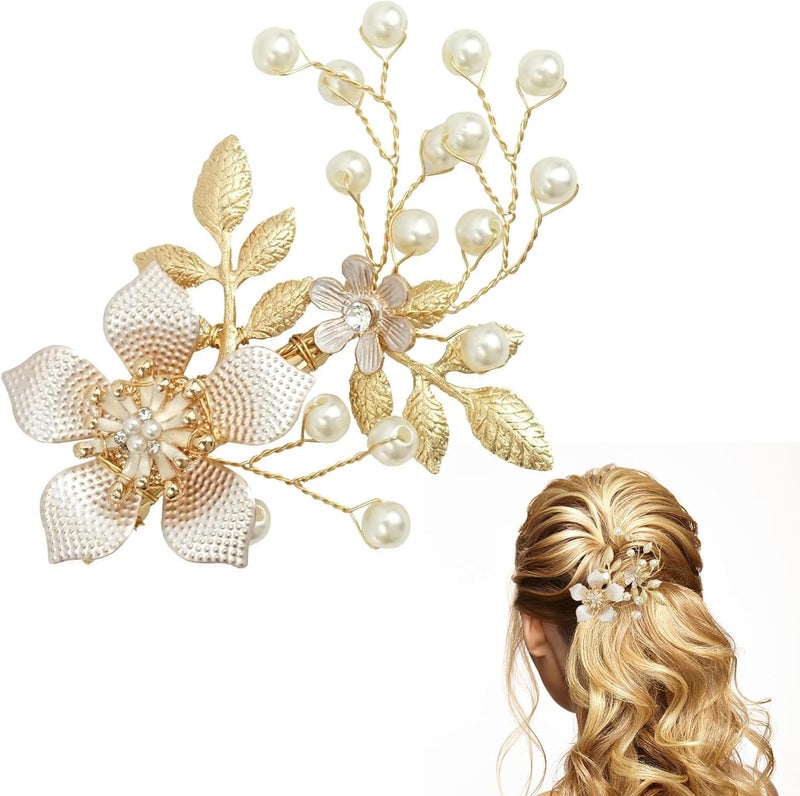1Pc Golden Bride Wedding Headpiece Compact and Exquisite Vintage Golden Leaf Hairpin Adding Luxury and Elegance Pearl Leaves Hair Pins Accessories Bridal Hair Clips for Women and Girls