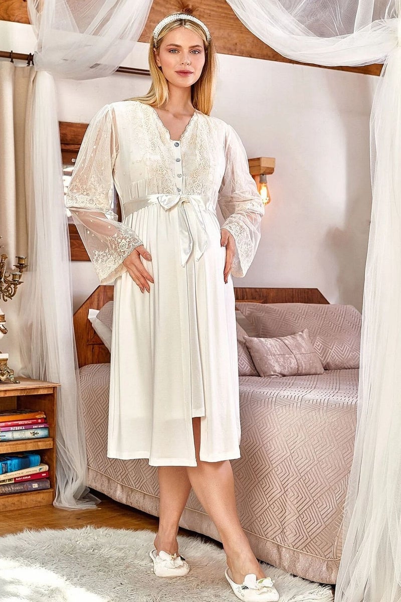 Cossy By Aqua 24150 Women's Pregnant Postpartum Long Lace Sleeve Dressing Gown - Cream  - Image 1