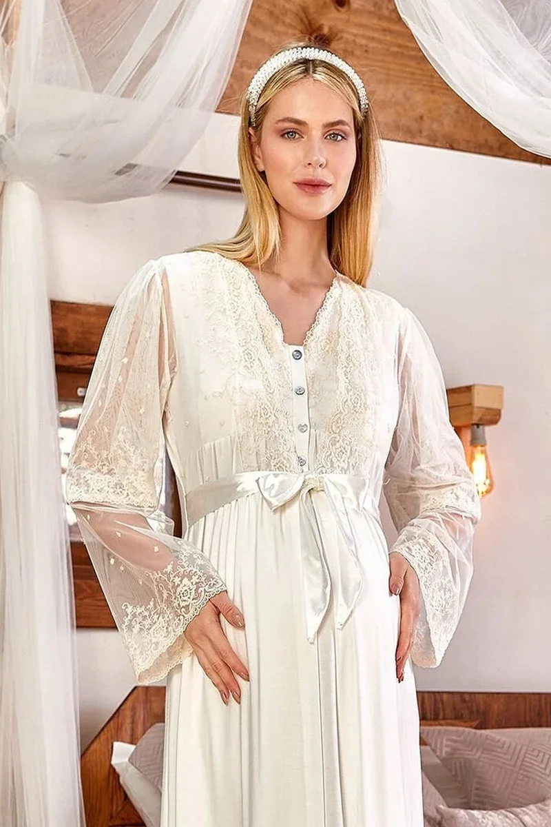 Cossy By Aqua 24150 Women's Pregnant Postpartum Long Lace Sleeve Dressing Gown - Cream
