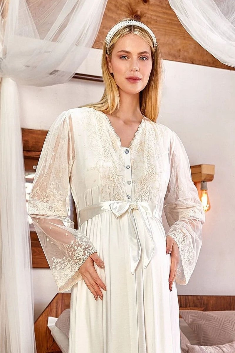Cossy By Aqua 24150 Women's Pregnant Postpartum Long Lace Sleeve Dressing Gown - Cream  - Image 3