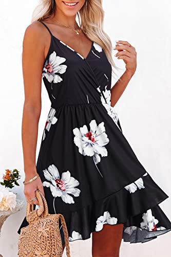 ULTRANICE Women's Summer Dresses 2025 Sundress Trendy Casual Spring Black Floral Flowy Faux Wrap V Neck Clothes Beach Wedding Vacation Outfits Midi V Neck Spaghetti Strap Dress(Black White Floral,L) - Image 4