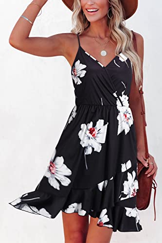 ULTRANICE Women's Summer Dresses 2025 Sundress Trendy Casual Spring Black Floral Flowy Faux Wrap V Neck Clothes Beach Wedding Vacation Outfits Midi V Neck Spaghetti Strap Dress(Black White Floral,L) - Image 3