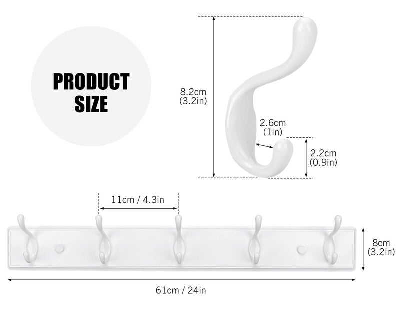 Badiano Wooden Coat Rack, Wall-Mounted Organizer for Closet, Entryway, Hallway, Foyer, Bedroom, Heavy Duty Double Hooks for Hanging Towels, Bags, Hats, Jackets, Key (White, 5 Hooks) - Image 2