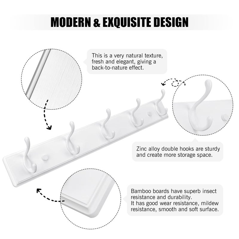 Badiano Wooden Coat Rack, Wall-Mounted Organizer for Closet, Entryway, Hallway, Foyer, Bedroom, Heavy Duty Double Hooks for Hanging Towels, Bags, Hats, Jackets, Key (White, 5 Hooks) - Image 4