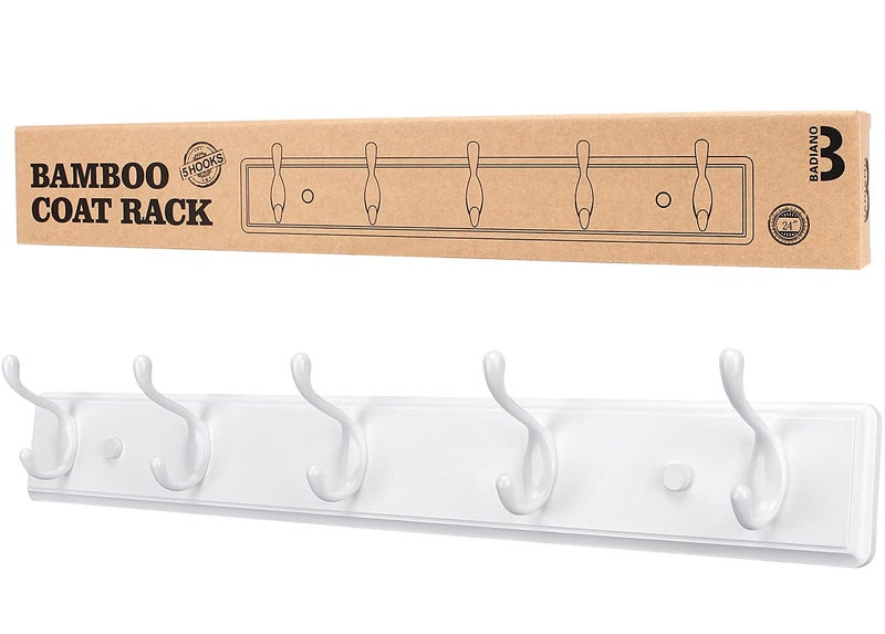 Badiano Wooden Coat Rack, Wall-Mounted Organizer for Closet, Entryway, Hallway, Foyer, Bedroom, Heavy Duty Double Hooks for Hanging Towels, Bags, Hats, Jackets, Key (White, 5 Hooks) - Image 1