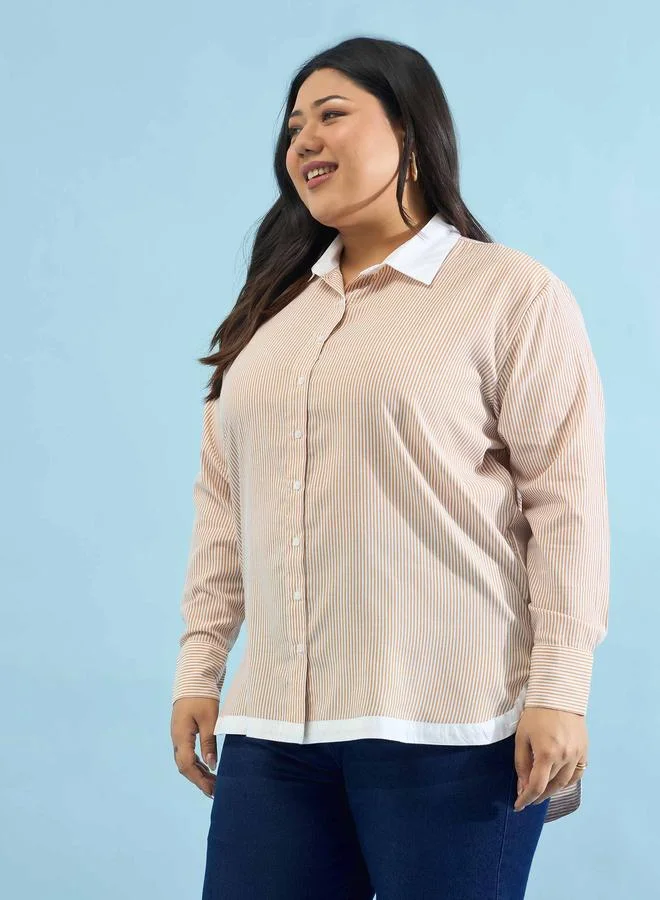 Beige Striped Contrast Trims Shirt
