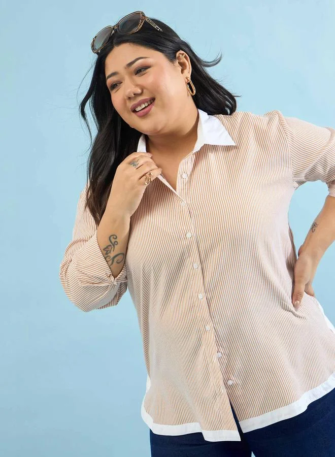 Sassafras  Beige Striped Contrast Trims Shirt for Women | Best Price UAE