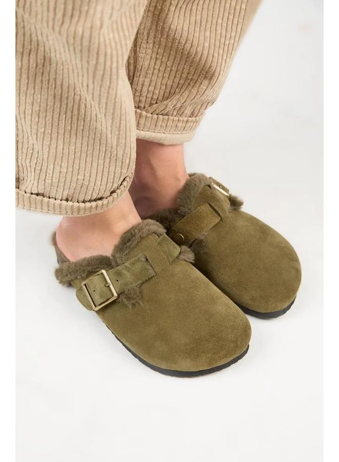 Manijero  Zeta 2 Furry Women's Genuine Leather Belted Buckle Sabo Khaki Sandal for Women | Best Price UAE