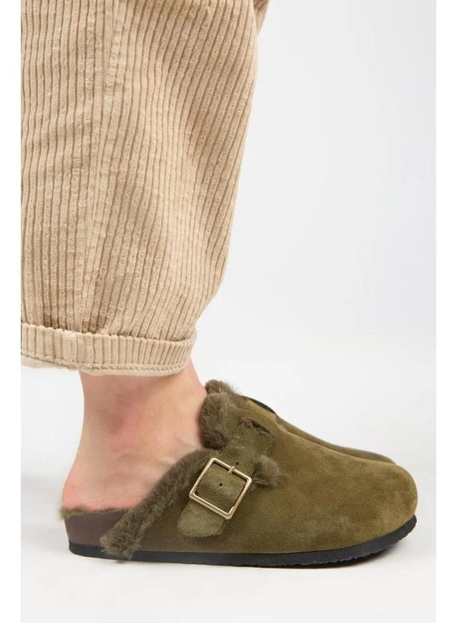 Manijero  Zeta 2 Furry Women's Genuine Leather Belted Buckle Sabo Khaki Sandal for Women | Best Price UAE