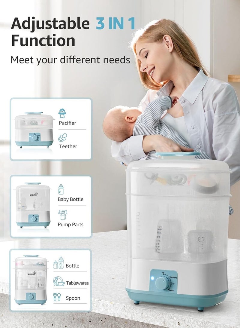 زاڤية جهاز تعقيم وتجفيف كهربائي لرضّاعات الأطفال، تصميم معياري 3 في 1 بسعة كبيرة، مع تخزين معقم 72 ساعة، خالٍ من مادة BPA - أزرق/أبيض - Image 1