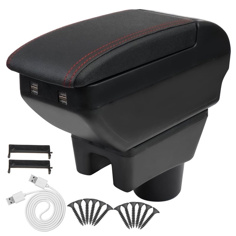Htostar Racing Consoles Armrest Compatible with Mitsubishi Mirage Attrage 20142024 Center Console Box with USB Charge Armrest Box Accessories Black with Red Stitching