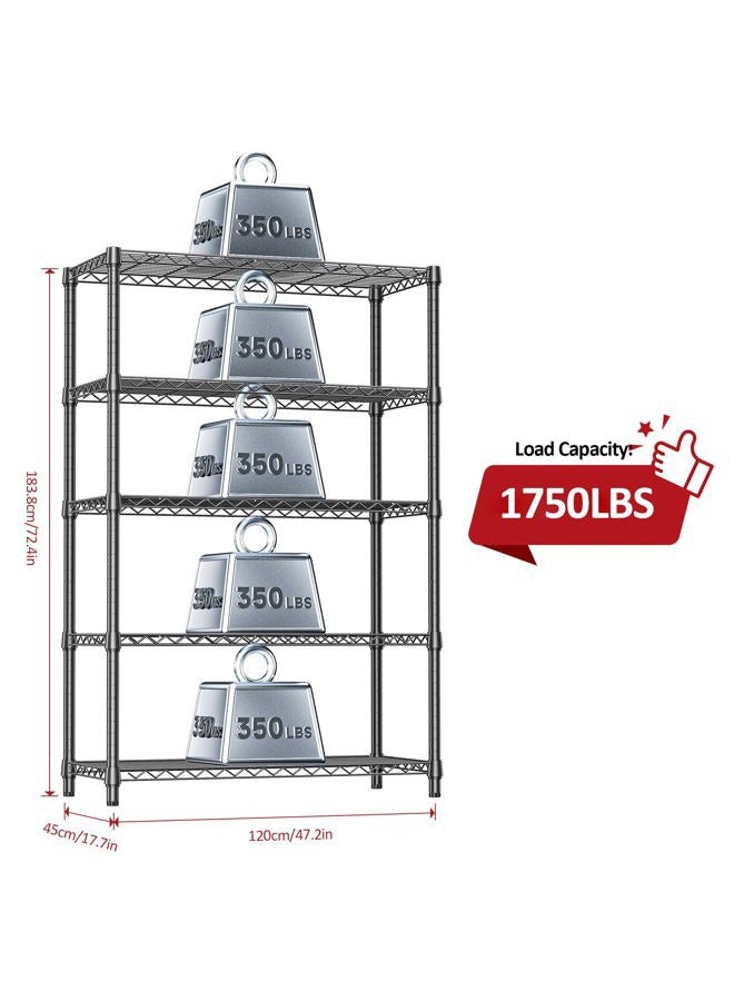 IZEUK 5-Tier Heavy Duty Metal Storage Shelving Unit (Chrome, 17.7" D x 47.2" W x 72.3" H, 1750 lbs Capacity), Adjustable Steel Wire Rack Shelf Organizer for Garage, Kitchen, Pantry, Basement, Laundry - Image 2