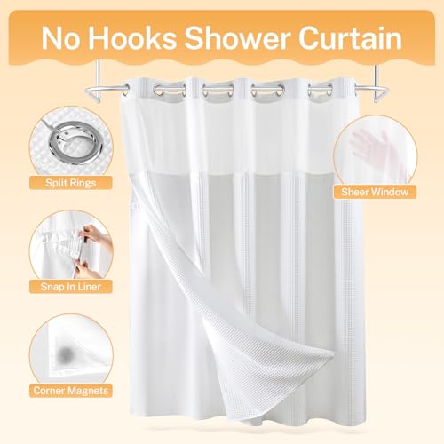 River Dream White Fabric Shower Curtain Set, Cotton Blend, Waffle Weave, with Snap in Replacement Liner，71 x 74 inches - Image 4