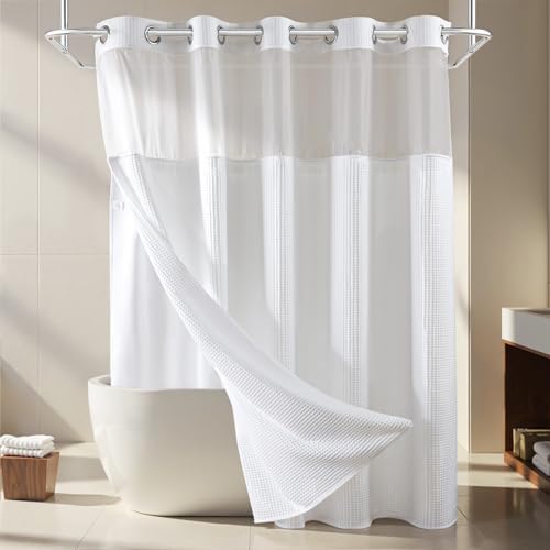 River Dream White Fabric Shower Curtain Set, Cotton Blend, Waffle Weave, with Snap in Replacement Liner，71 x 74 inches - Image 1