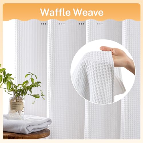 River Dream White Fabric Shower Curtain Set, Cotton Blend, Waffle Weave, with Snap in Replacement Liner，71 x 74 inches - Image 2