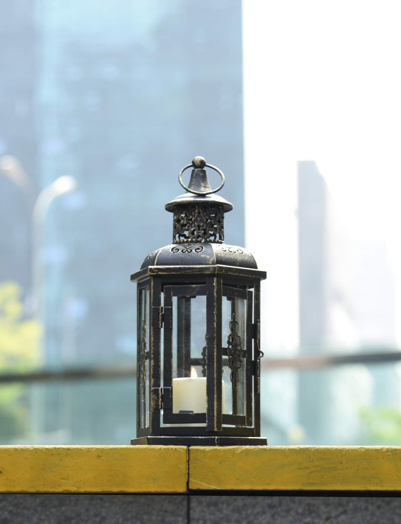 JHY DESIGN Decorative Lanterns-10inch High Vintage Style Hanging Lantern, Metal Candleholder for Indoor Outdoor, Events, Parities and Weddings(Black with Gold Brush) - Image 3