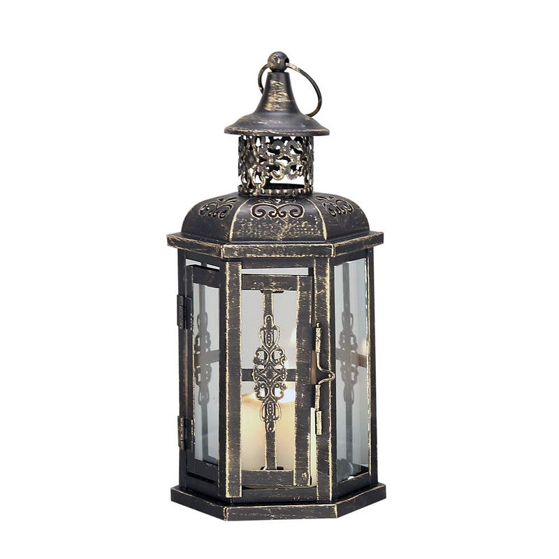 JHY DESIGN Decorative Lanterns-10inch High Vintage Style Hanging Lantern, Metal Candleholder for Indoor Outdoor, Events, Parities and Weddings(Black with Gold Brush) - Image 1