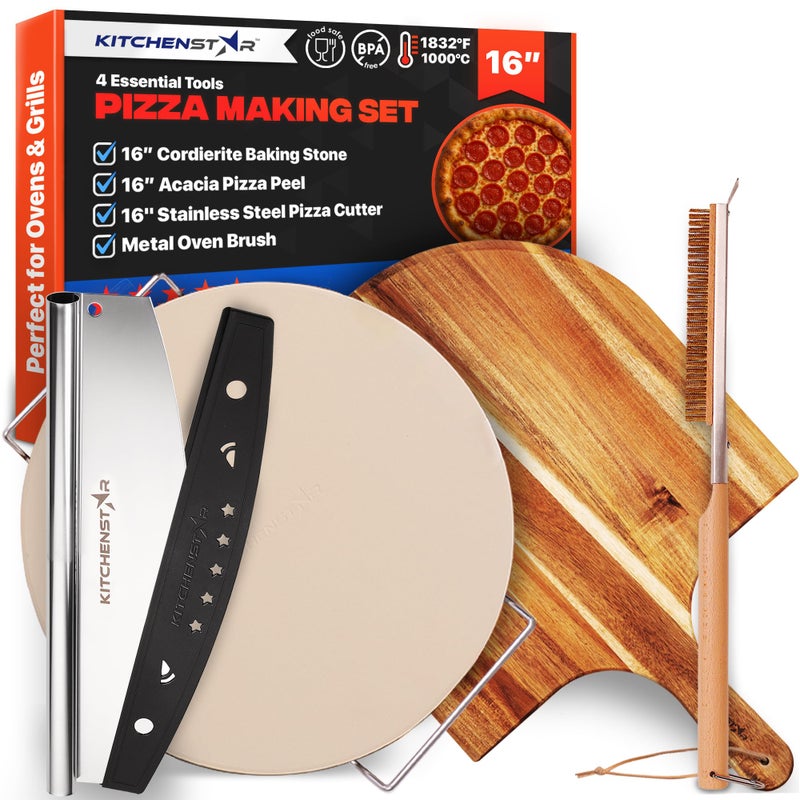 kitchen-star KitchenStar 16-inch Pizza Making Set, 6 PCS - Pizza Stone + Stainless Steel Rack, Acacia Wood Pizza Peel, Pizza Cutter Rocker + Protective Cover, Metal Brush - Oven & Grill Accessories Kit - Image 1