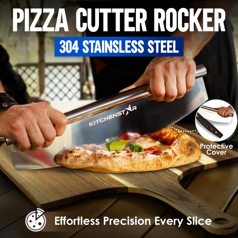 kitchen-star KitchenStar 16-inch Pizza Making Set, 6 PCS - Pizza Stone + Stainless Steel Rack, Acacia Wood Pizza Peel, Pizza Cutter Rocker + Protective Cover, Metal Brush - Oven & Grill Accessories Kit - Image 3