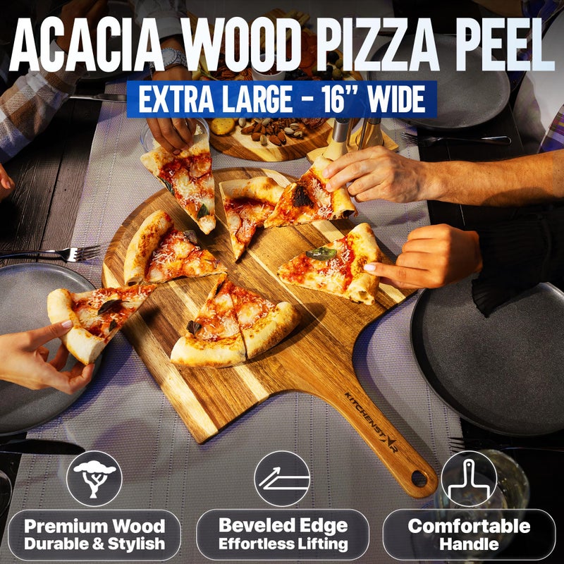 kitchen-star KitchenStar 16-inch Pizza Making Set, 6 PCS - Pizza Stone + Stainless Steel Rack, Acacia Wood Pizza Peel, Pizza Cutter Rocker + Protective Cover, Metal Brush - Oven & Grill Accessories Kit - Image 4
