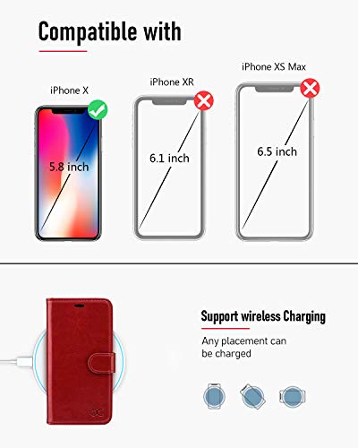 OCASE Phone X Wallet Case, Phone 10 Case [ Wireless Charging ] [ Card Slot ] [ Kickstand ] Leather Flip Wallet Cover -Red - Image 2