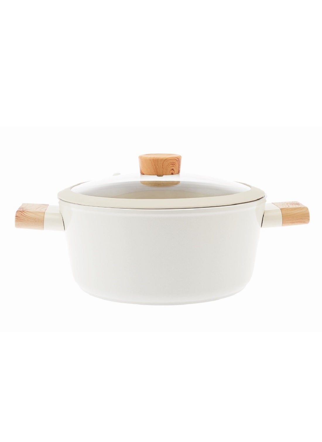 Homemaker Swiss Crystal High Quality Ceramic Coating Non-Stick Casserole - 26cm- Glass Lid With Protective Silicon Edge - Natural Wood Handles and Knob - Beige 