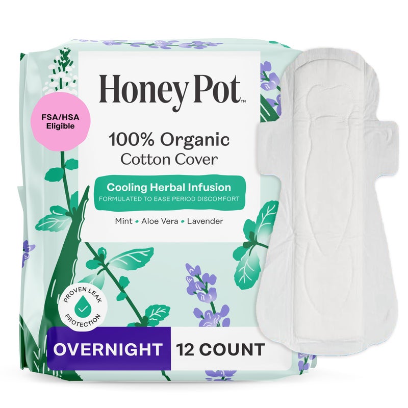 The Honey Pot Company - Herbal Pads for Women - Overnight w/Wings - Infused w/Essential Oils for Cooling Effect & Organic Cotton Cover - Feminine Care - 12 ct - Image 1