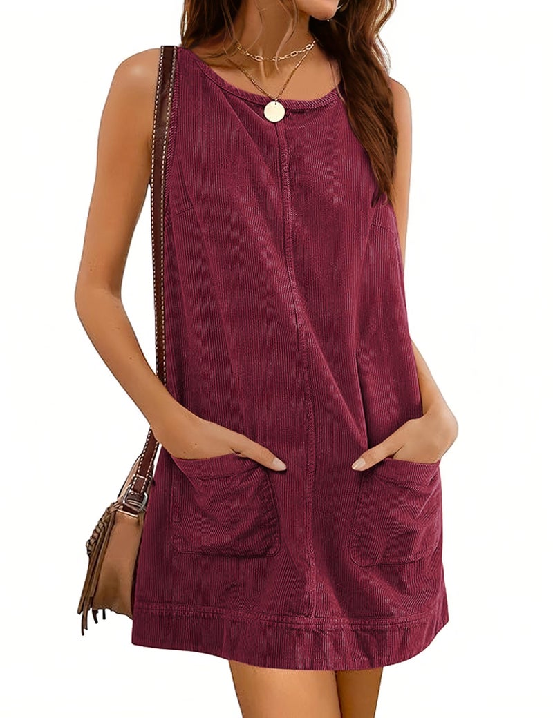 Hooever Womens Corduroy Overall Dress Round Neck A Line Skirtall Jumper Mini Dress Pinafore with PocketsWineRedM