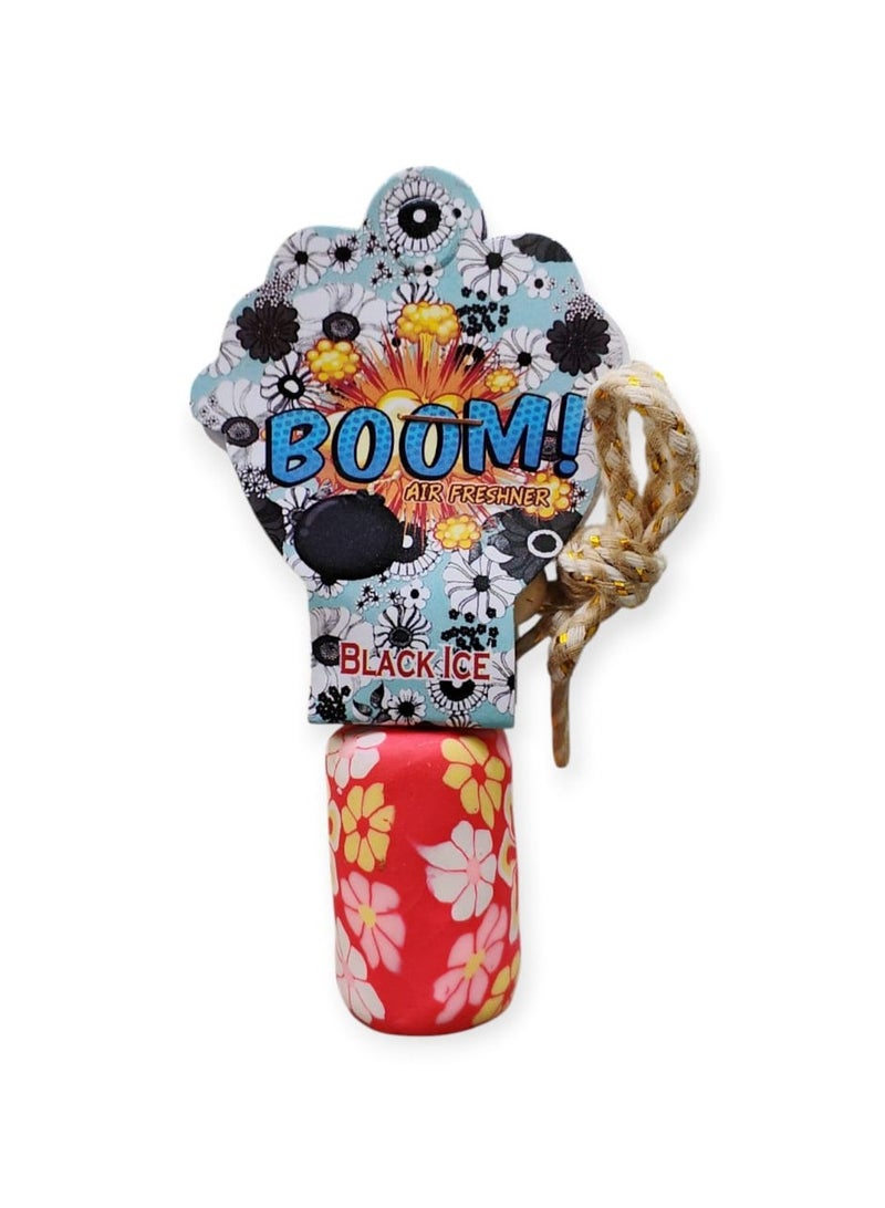 Boom Car Air Freshener on Mirror with Essential Oils Fragrance - Black Ice - Assorted Designs  and floral pattern - Image 1