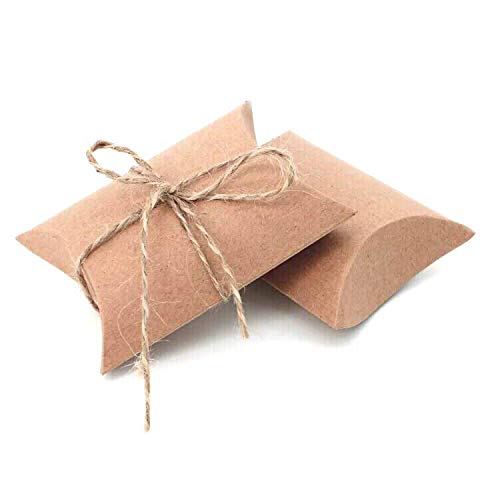 AWESON PARTY Vintage Kraft Paper Pillow Candy Box Thank You Treat Box Kit Rustic Gift Boxes with Twine for Wedding Favors Baby Shower Birthday Party Supplies, 50pc - Image 1