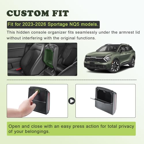 HGWEI Hidden Center Console Organizer Compatible with 2023-2026 Kia Sportage Interior Accessories - Lid of Armrest Storage Box NQ5 Secret Compartment Insert Tray, Black - Image 3