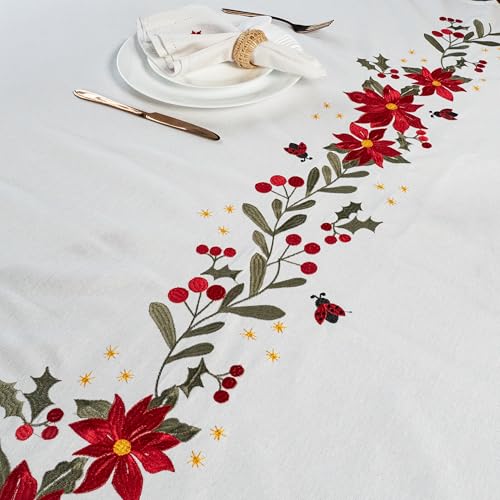 RUSTIQUE LINENS Embroidered Cotton Tablecloth 60 x 75 Inch Rectangle – Washable & Colorfast Table Cover for Dining Room, Farmhouse, Kitchen, Home, Party & Wedding Décor - Ivory Cheer - Image 4