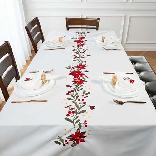 RUSTIQUE LINENS Embroidered Cotton Tablecloth 60 x 75 Inch Rectangle – Washable & Colorfast Table Cover for Dining Room, Farmhouse, Kitchen, Home, Party & Wedding Décor - Ivory Cheer - Image 3