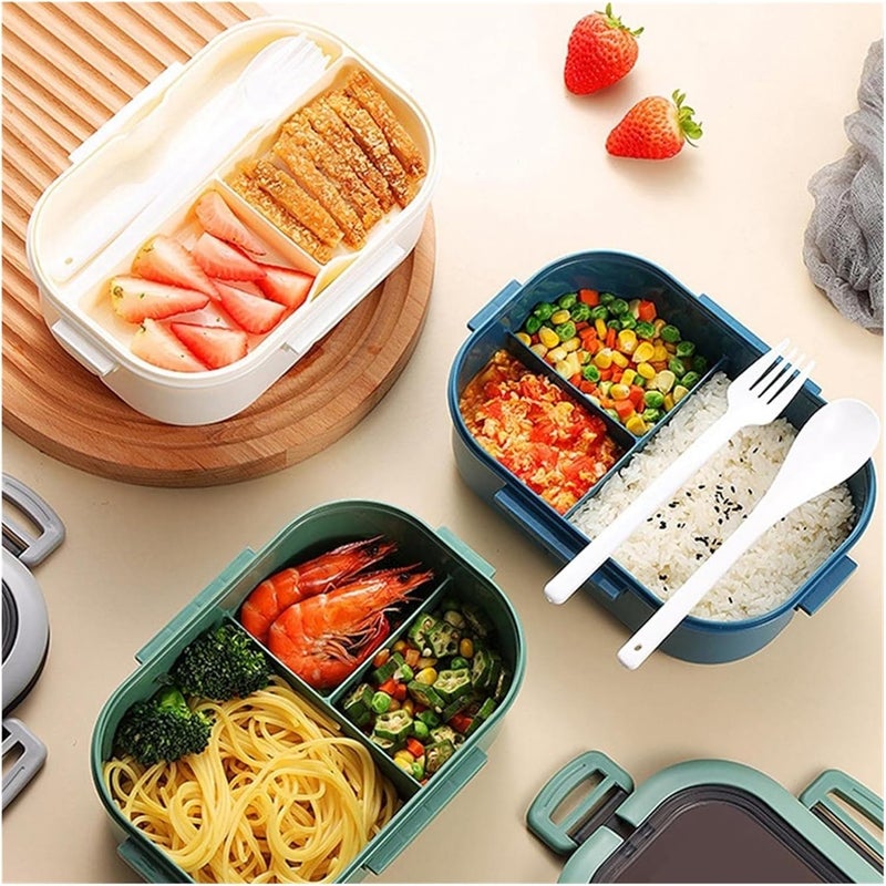 1200ML 2 Layer Bento Lunch Box With Spoon Fork, High Capacity Microwae Food Containers Portable Leakproof Office Camping(3 pcs) - Image 3
