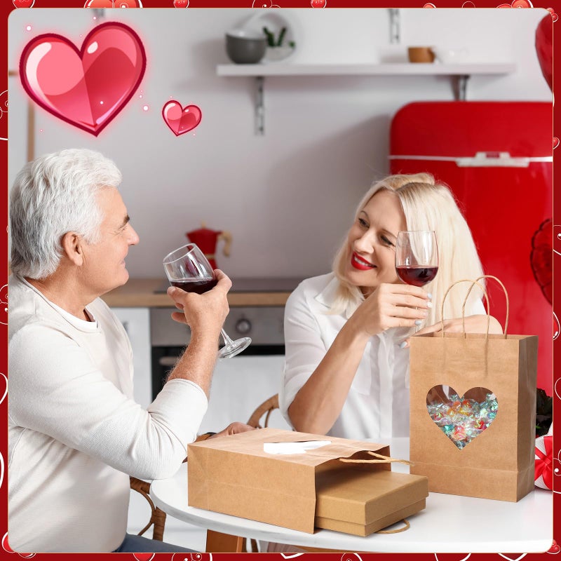 Eersida 24 Pcs Valentine's Day Gifts Bags with Heart Window Kraft Brown Paper Goodie Bag Bulk Holiday Candy Treat Wrapping with Handle for Galentines Wedding Birthday Party Supplies, 8.3"x5.9"x3.2" - Image 2