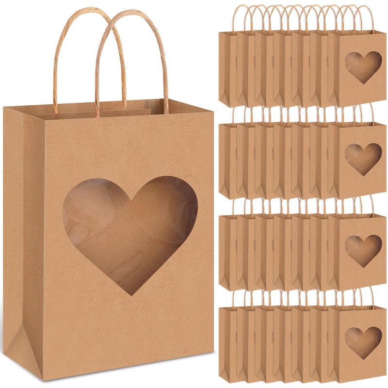 Eersida 24 Pcs Valentine's Day Gifts Bags with Heart Window Kraft Brown Paper Goodie Bag Bulk Holiday Candy Treat Wrapping with Handle for Galentines Wedding Birthday Party Supplies, 8.3"x5.9"x3.2" - Image 1