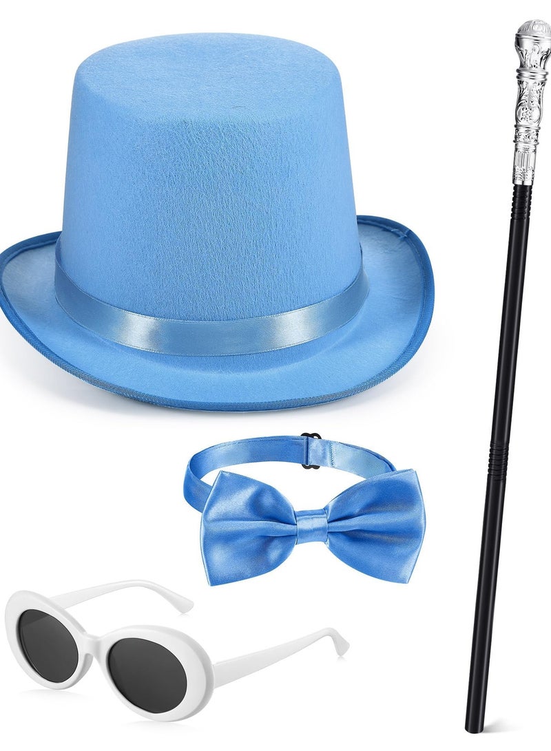 Zikra 4 Pcs Top Hat Costume Set Men's 1920s Includes Silver Walking Scepter Oval Retro Sunglasses Bow Tie for Parade Party Dance Recitals - Image 1