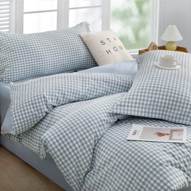 SAPHREAS Light Blue Plaid Duvet Cover Queen Size 3pcs 100% Washed Cotton Soft Comforter Cover Simple Style 1 Blue Grid Duvet Cover 2 Pillow Shams, Comforter Not Included - Image 2