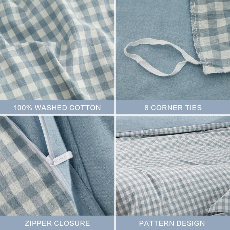 SAPHREAS Light Blue Plaid Duvet Cover Queen Size 3pcs 100% Washed Cotton Soft Comforter Cover Simple Style 1 Blue Grid Duvet Cover 2 Pillow Shams, Comforter Not Included - Image 5