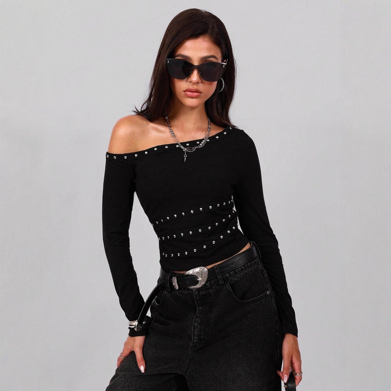 Women's Asymmetric Neck T-Shirt with Metal Trim and Studs - Image 3