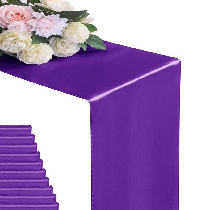 12PACK TABLE RUNNER 12 X 108 INCHES SATIN SILK TABLE RUNNER FOR WEDDING BIRTHDAY PARTY BANQUETS GRADUATIONS DECORATION FIT RECTANGE AND ROUND TABLEPURPLE