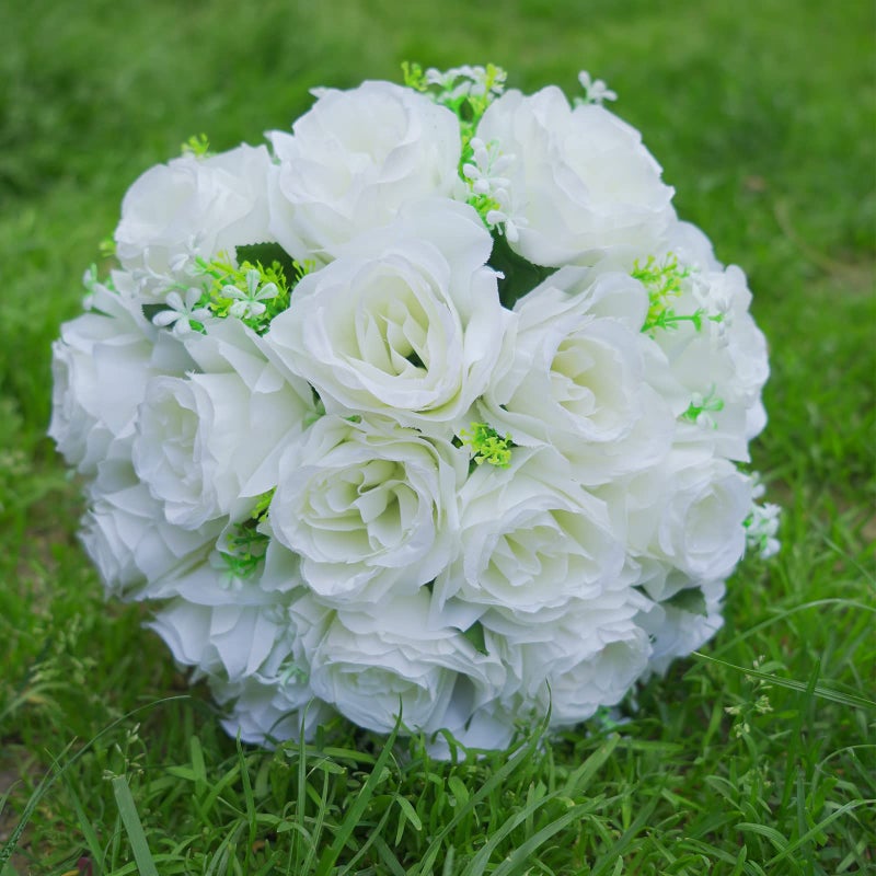 LEIFENY Wedding Bouquets for Bride, White Bridal Bridesmaid Wedding Flowers with Silk Ribbon and Rhinestones, Artificial Toss Rose for Civil Ceremony - Image 4