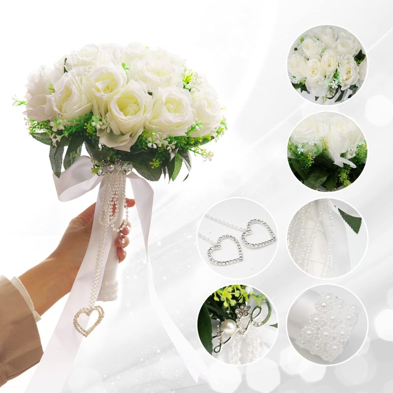 LEIFENY Wedding Bouquets for Bride, White Bridal Bridesmaid Wedding Flowers with Silk Ribbon and Rhinestones, Artificial Toss Rose for Civil Ceremony - Image 3