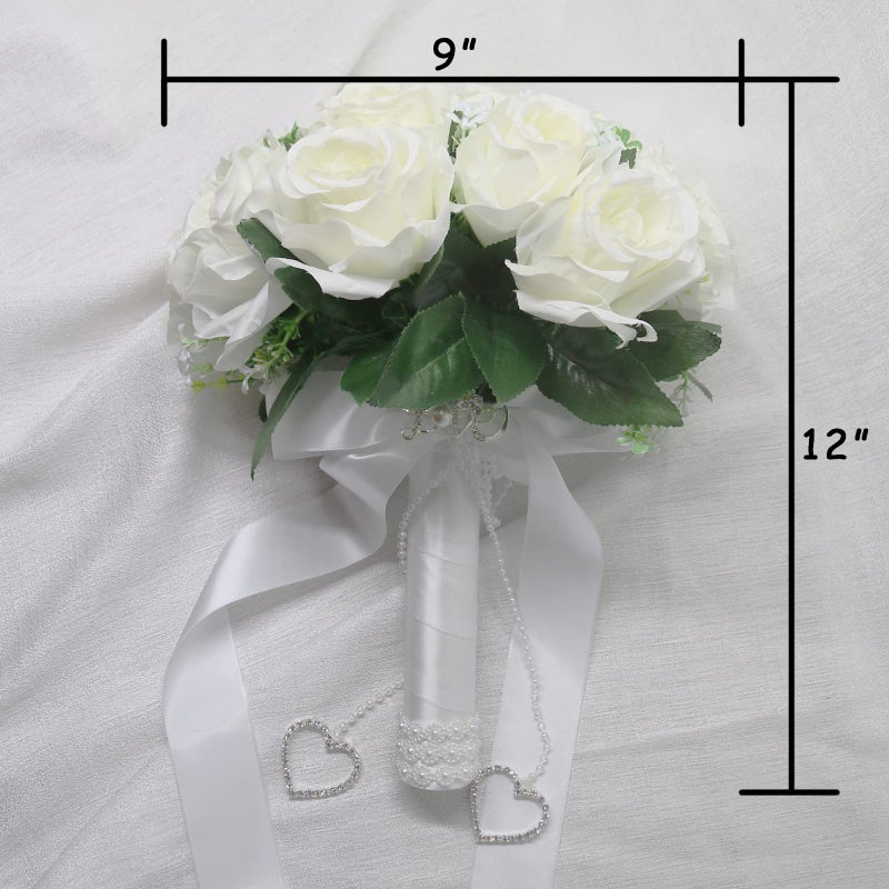 LEIFENY Wedding Bouquets for Bride, White Bridal Bridesmaid Wedding Flowers with Silk Ribbon and Rhinestones, Artificial Toss Rose for Civil Ceremony - Image 2