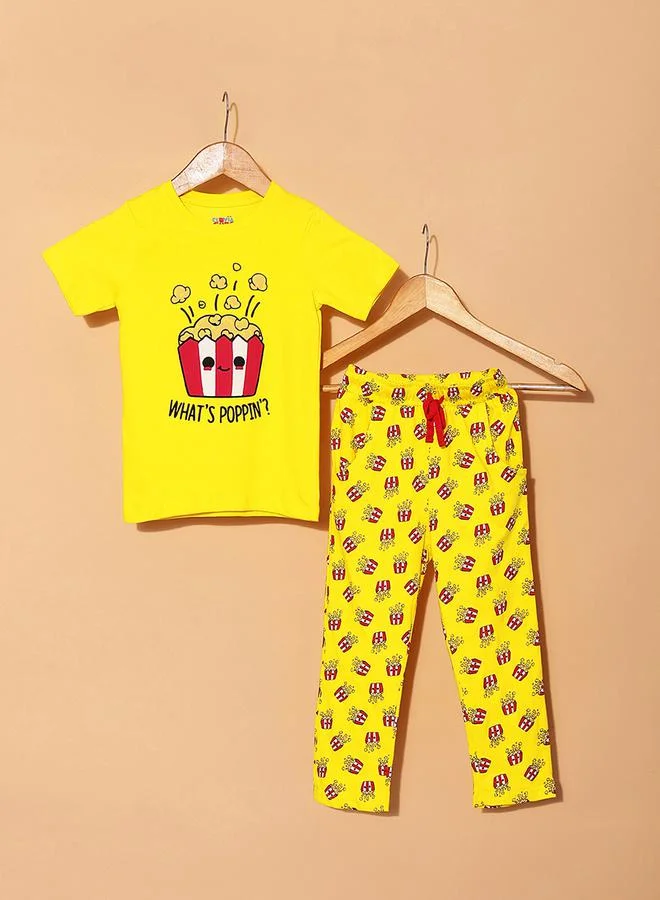 Clovia Cubs Popcorn Graphic Print T-Shirt & Pyjama Set by Styli