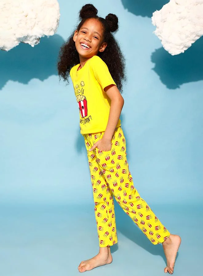 Clovia Cubs Popcorn Graphic Print T-Shirt & Pyjama Set by Styli