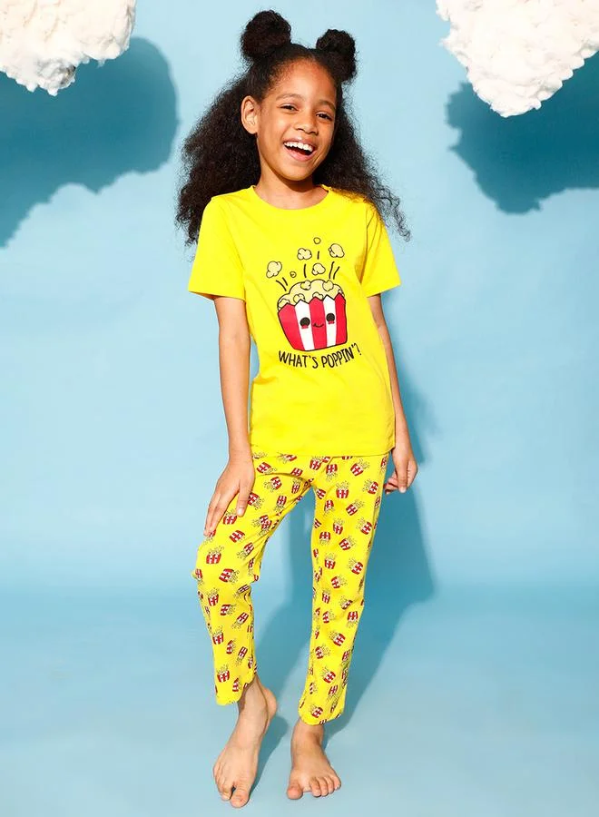 Clovia Cubs Popcorn Graphic Print T-Shirt & Pyjama Set by Styli